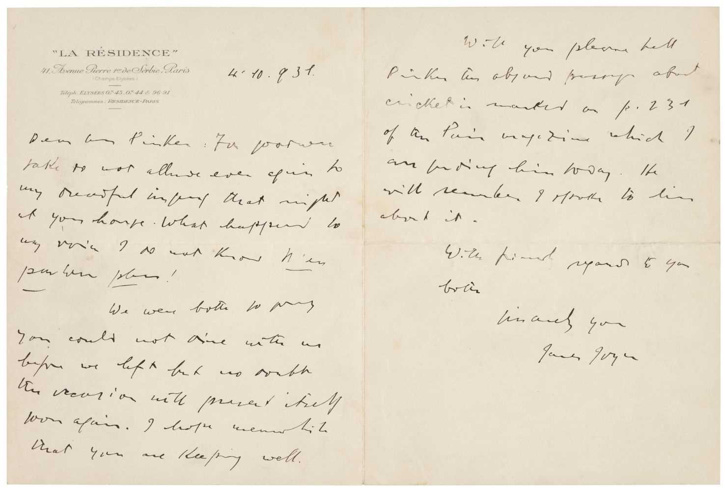 Lot 753 - Joyce (James, 1882-1941). Autograph Letter