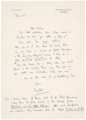 Lot 759 - Auden (Wystan Hugh, 1907-1973). Autograph Letter Signed, ‘Wystan’, 23 July [1967]