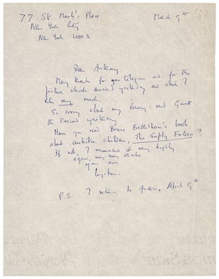 Lot 760 - Auden (Wystan Hugh, 1907-1973). Two Autograph Letters Signed, ‘Wystan’, 9 March & 3 July [1968]