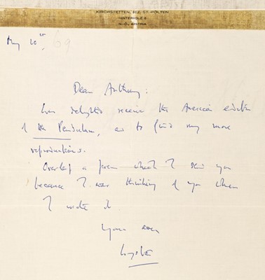 Lot 761 - Auden (Wystan Hugh, 1907-1973). Autograph Letter Signed, ‘Wystan’, 20 May [1969]