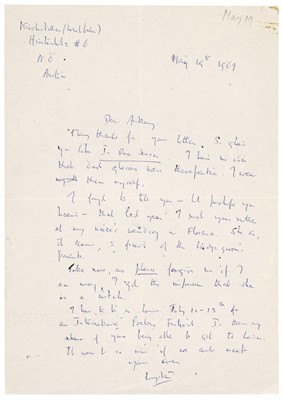 Lot 762 - Auden (Wystan Hugh, 1907-1973). Two Autograph Letters Signed, ‘Wystan’, 19 May 1969 & 26 May [1969]