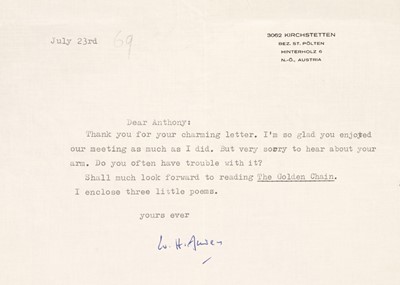 Lot 763 - Auden (Wystan Hugh, 1907-1973). Typed Letter Signed, ‘W. H. Auden’, 23 July [1969]