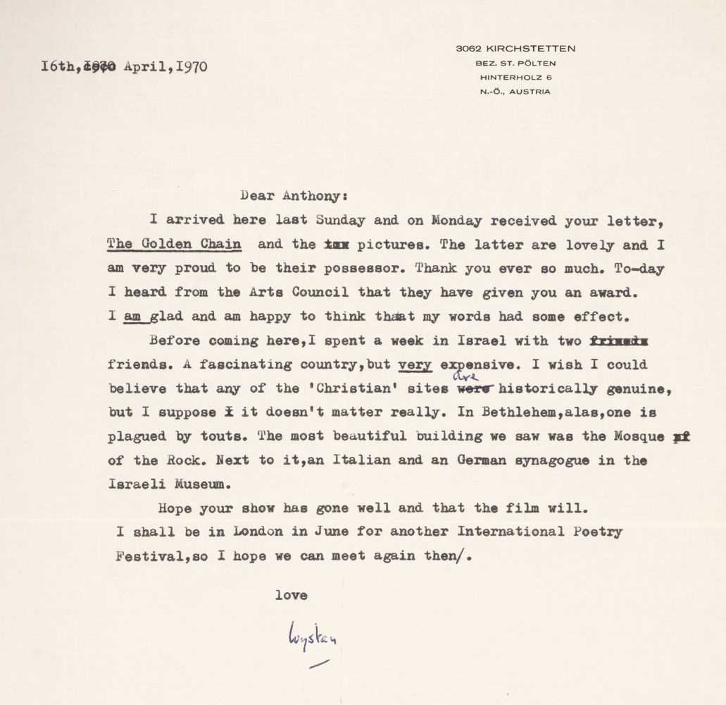 Lot 767 - Auden (Wystan Hugh, 1907-1973). Typed Letter