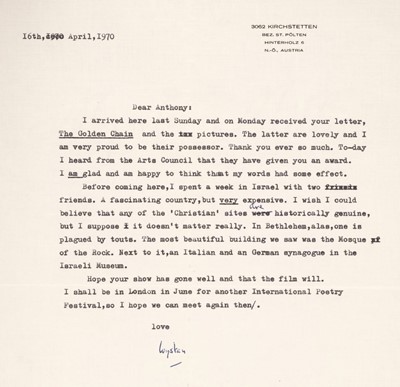 Lot 767 - Auden (Wystan Hugh, 1907-1973). Typed Letter Signed, ‘Wystan’