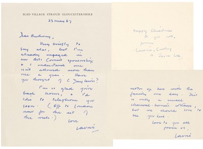 Lot 777 - Lee (Laurie, 1914-1997). A group of 3 Autograph Letters Signed, 'Laurie', 1964-67