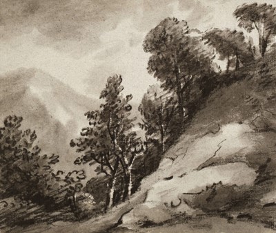 Lot 99 - Attributed to Thomas Gainsborough (1727-1788). Mountainous landscape with trees