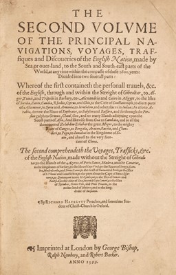 Lot 10 - Hakluyt (Richard). The Principal Navigations, Voiages, Traffiques and Discoveries of the English Nation, [1598-1600]