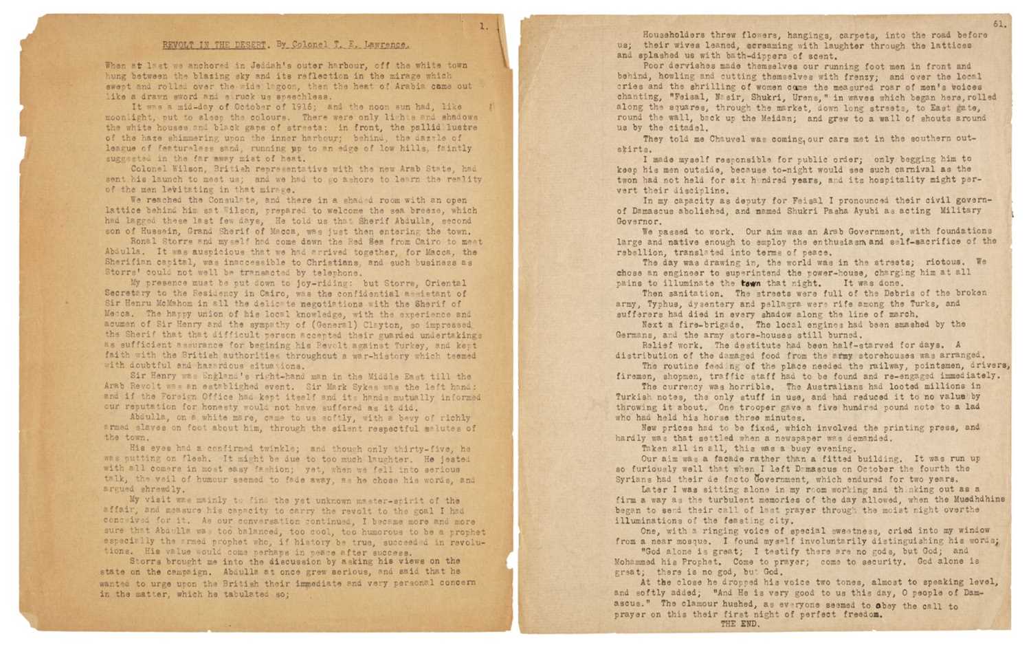 Lot 432 - Lawrence (Thomas Edward, 1888-1935). Revolt in the Desert, working draft typescript, c. 1926-27