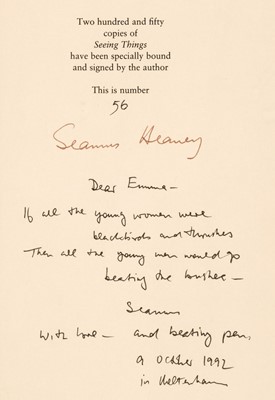 Lot 600 - Heaney (Seamus). Seeing Things, limited issue, 1991