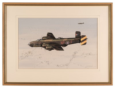 Lot 302 - Woodcock (Keith). Friday the Thirteenth, watercolour, showing Handley Page Halifax LV906