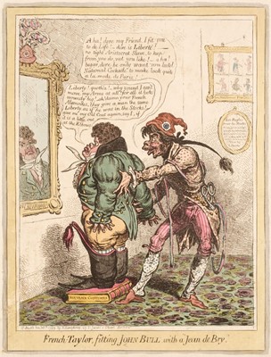 Lot 228 - Gillray (James). French-Taylor, fitting John Bull with a 'Jean de Bry', 1799