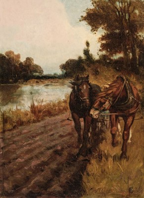 Lot 237 - English School. Young girl leading a horse & Two horses at work, pair of oils