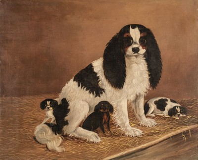 Lot 129 - Naive School. A King Charles Spaniel with puppies, 19th century