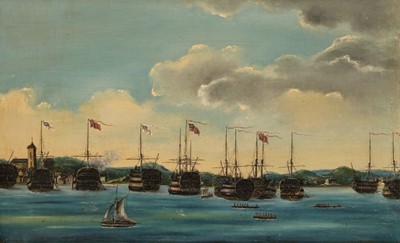 Lot 134 - Chinese Export School. Ships in Harbour, oil on canvas