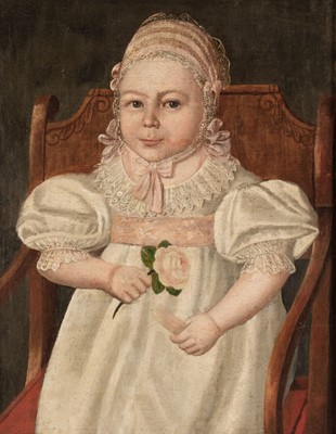 Lot 18 - Naive School. Portrait of a Young Girl, circa 1800, oil on canvas, laid onto board