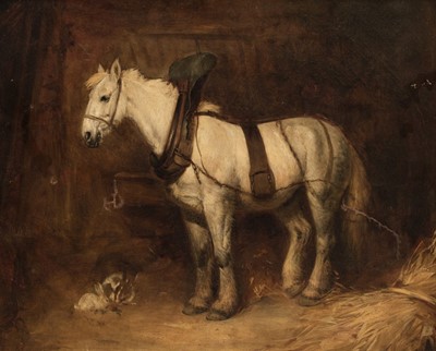 Lot 146 - Manner of John Frederick Herring (1815-1907). Horse in Stable with two Rabbits, 1881