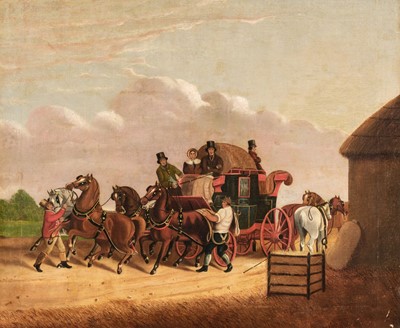 Lot 115 - Naive School. London to Oxford Stage Coach, circa 1820, oil on canvas