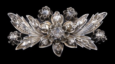 Lot 589 - Brooch. A Georgian white and yellow metal floral spray brooch set with diamonds