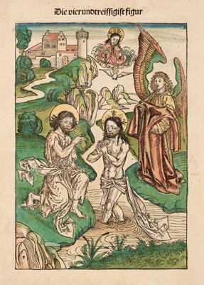 Lot 19 - Wolgemut (Michael, 1434-1519). The Baptism of Christ, 1491, woodcut, hand-coloured