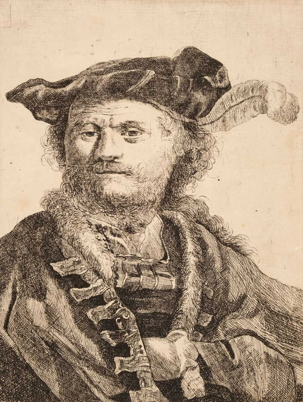 Lot 50 - Rembrandt (van Rijn, 1606-1669). Self Portrait in a Velvet Cap with Plume, 1638, etching