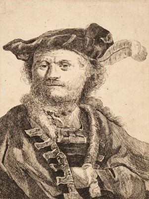 Lot 50 - Rembrandt (van Rijn, 1606-1669). Self Portrait in a Velvet Cap with Plume, 1638, etching