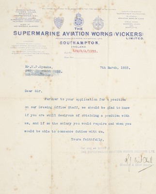 Lot 259 - Mitchell (R.J., 1895-1937). A Supermarine Aviation Works (Vickers) Limited signed letter