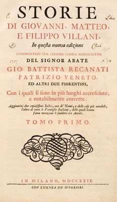 Lot 330 - Villani (Giovanni). Storie di Giovanni, Matteo e Filippo Villani, 2 vols, 1729