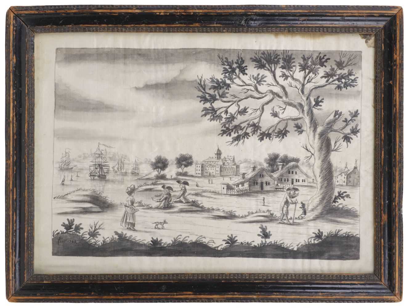 Lot 456 - Silk Picture. A pen & ink landscape with figures, dwellings, and ships, 1788