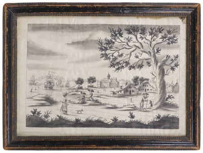 Lot 456 - Silk Picture. A pen & ink landscape with figures, dwellings, and ships, 1788