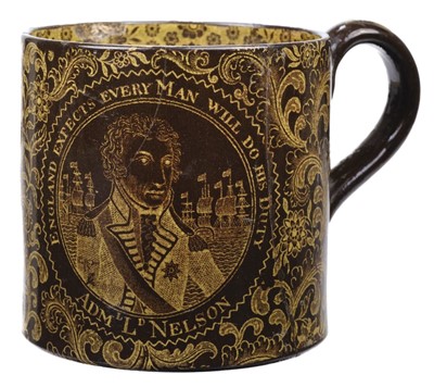 Lot 284 - Nelson (Horatio, 1758-1805). A Staffordshire yellow printed brownware pottery mug