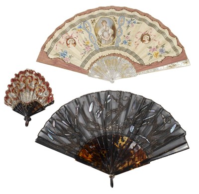 Lot 548 - Painted Fan. A fan painted with female figures and flowers, circa 1870s, & 2 other fans