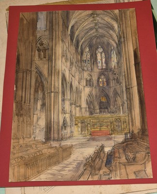 Lot 130 - Brewer (Henry Charles, 1866-1950). Cathedral Nave, watercolour on card