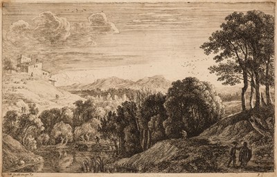 Lot 73 - Swanevelt (Herman van, 1603-1655).  Wooded riverside landscape with figures, hillside dwelling