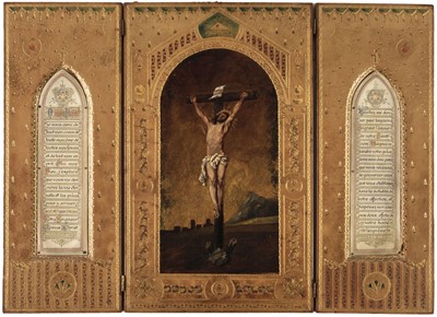 Lot 127 - French School. Devotional Triptych, circa 1850, a devotional triptych for private use