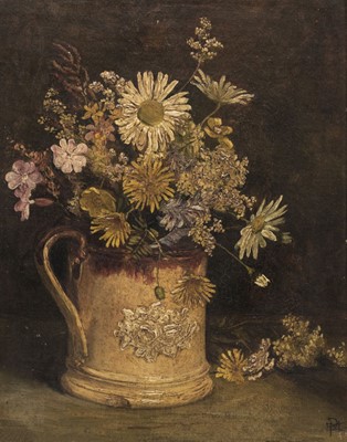 Lot 139 - Continental School. Still life of flowers in a stoneware tankard, circa 1870