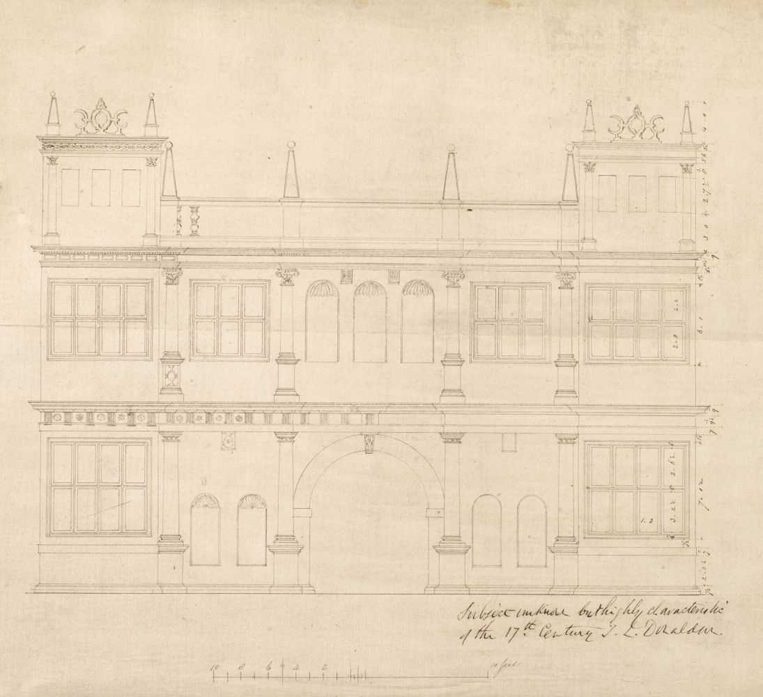 Lot 91 - English School. Architectural facade drawing of an Elizabethan or Jacobean property, 18th-c.