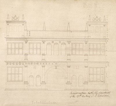 Lot 91 - English School. Architectural facade drawing of an Elizabethan or Jacobean property, 18th-c.