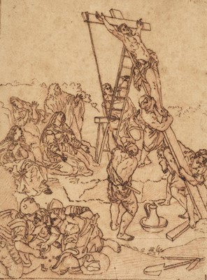 Lot 76 - Italian School. The Raising of the Cross, second half 17th century, pen, ink and red chalk