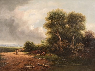 Lot 107 - Manner of Charles Robert Leslie (1794-1859). Landscape with Travellers, mid 19th c, oil on canvas