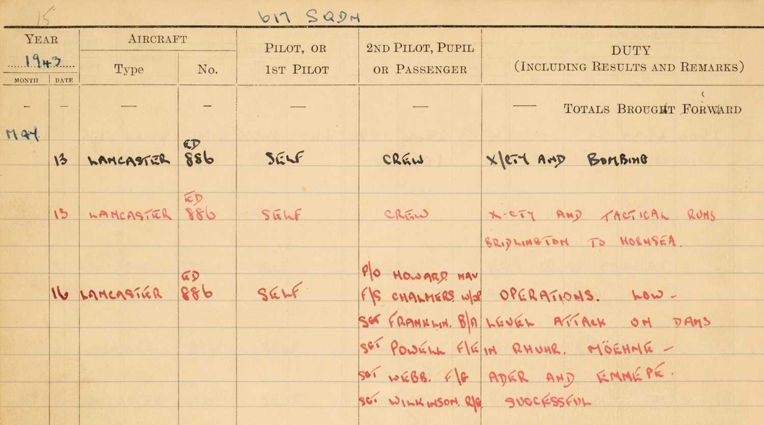 397 - Dambuster Logbooks. Two RAF logbooks kept by Flight Lieutenant William "Bill" Townsend, 617 Squadron