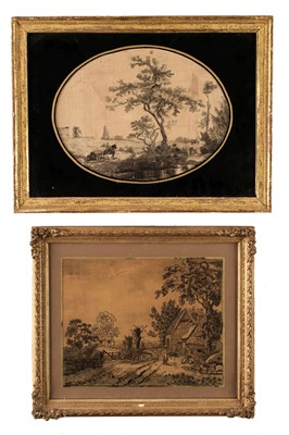 Lot 163 - Needlework Picture. A late 18th century blackwork picture of a rural landscape, & another similar