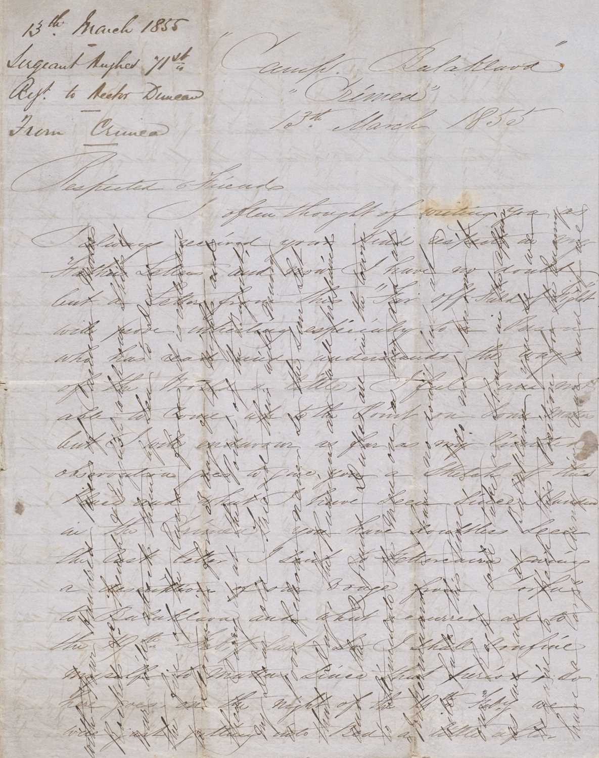 Lot 267 - Crimean War.A very lengthy letter from Sergeant A. Hughes, 71st Regiment, Crimea, 13 March 1855