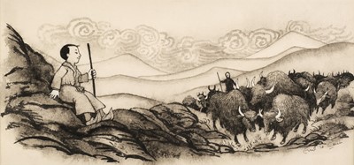 Lot 514 - Le Cain (Errol John, 1941-1990). Young shepherd with his herd of Yak, watercolour and ink