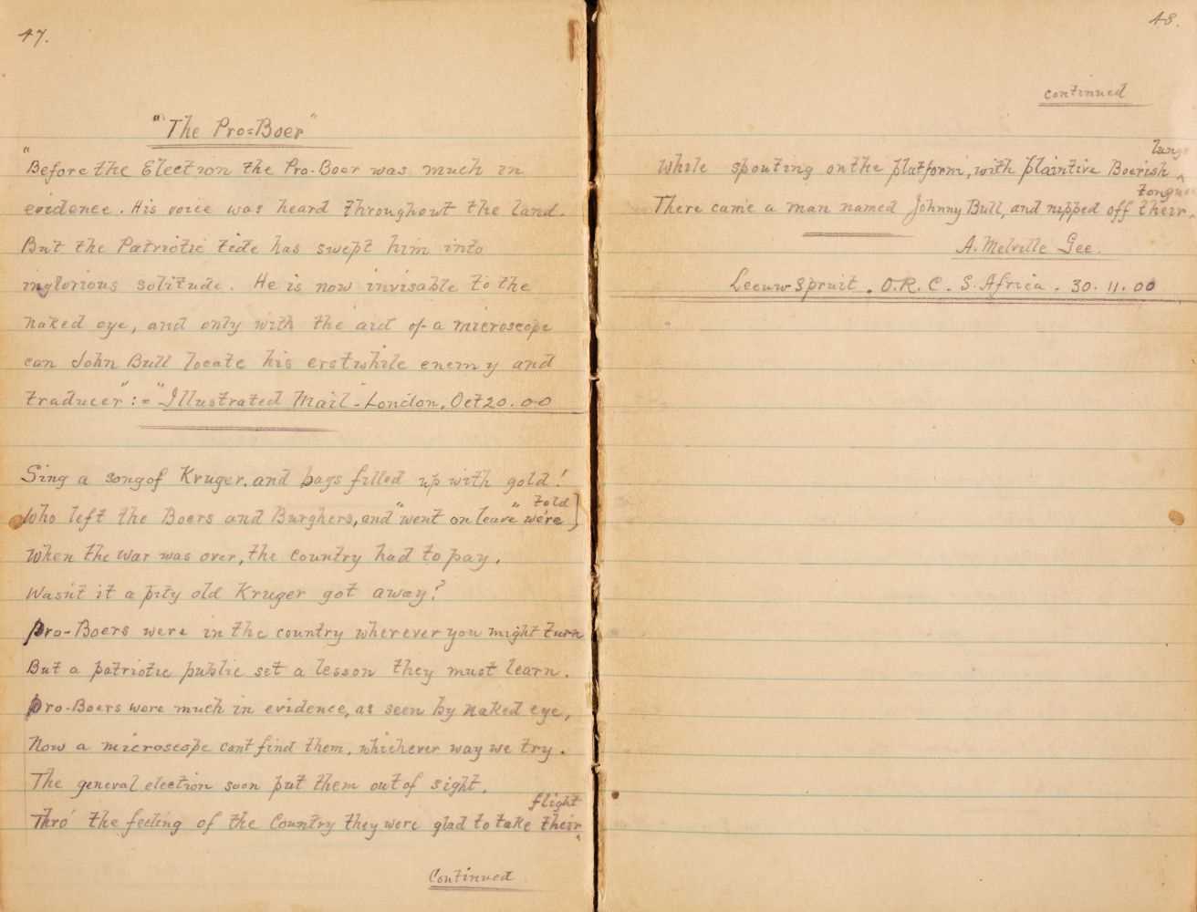 Lot 256 - Boer War Diary. 'Flashes of Thoughts for Spare Moments', by A. Melville 'Sapper' Gee, 1899-1900