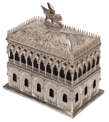 Lot 511 - Silver Casket. A Continental silver casket designed as a copy of Doges Palace, Venice