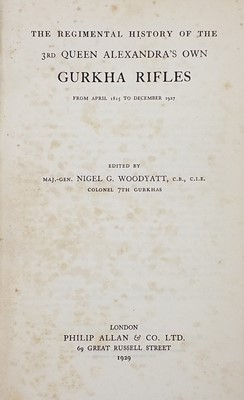 Lot 28 - Woodyatt (Nigel G.). The Regimental History of the 3rd Queen Alexandre's Own Gurkha Rifles, 1st edition, London: Philip Allan & Co., 1929