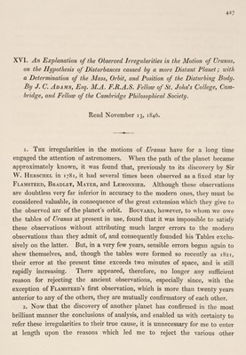 Lot 364 - Adams (John Couch). ‘An Explanation of the Observed Irregularities… , 1847