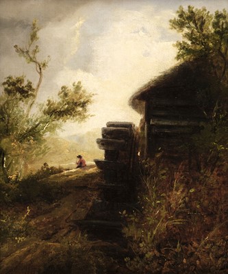 Lot 73 - Copley Fielding (Anthony van Dyke, 1787-1855). Landscape with watermill and figure on a bank