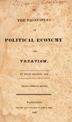 Lot 275 - Ricardo (David). On the Principles of Political Economy and Taxation, 2nd American edition, 1830