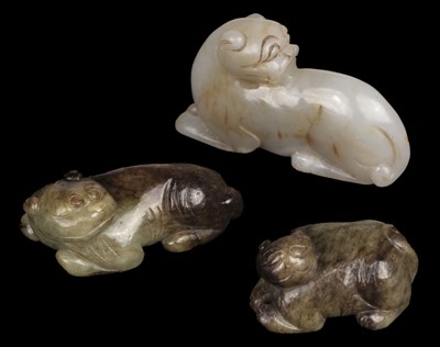 Lot 493 - Jade. Three Chinese jade carvings of cubs